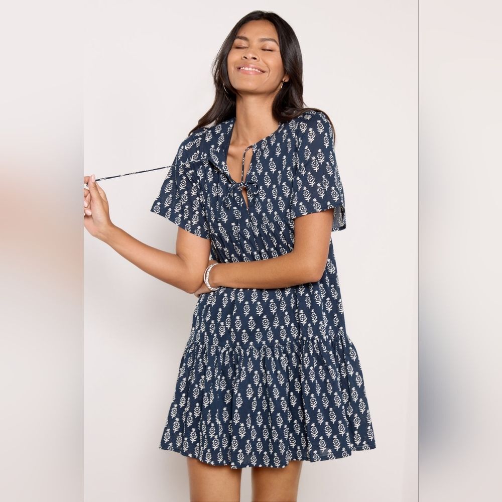 Emerson Fry Isla Dress Navy White Blockprint sz S